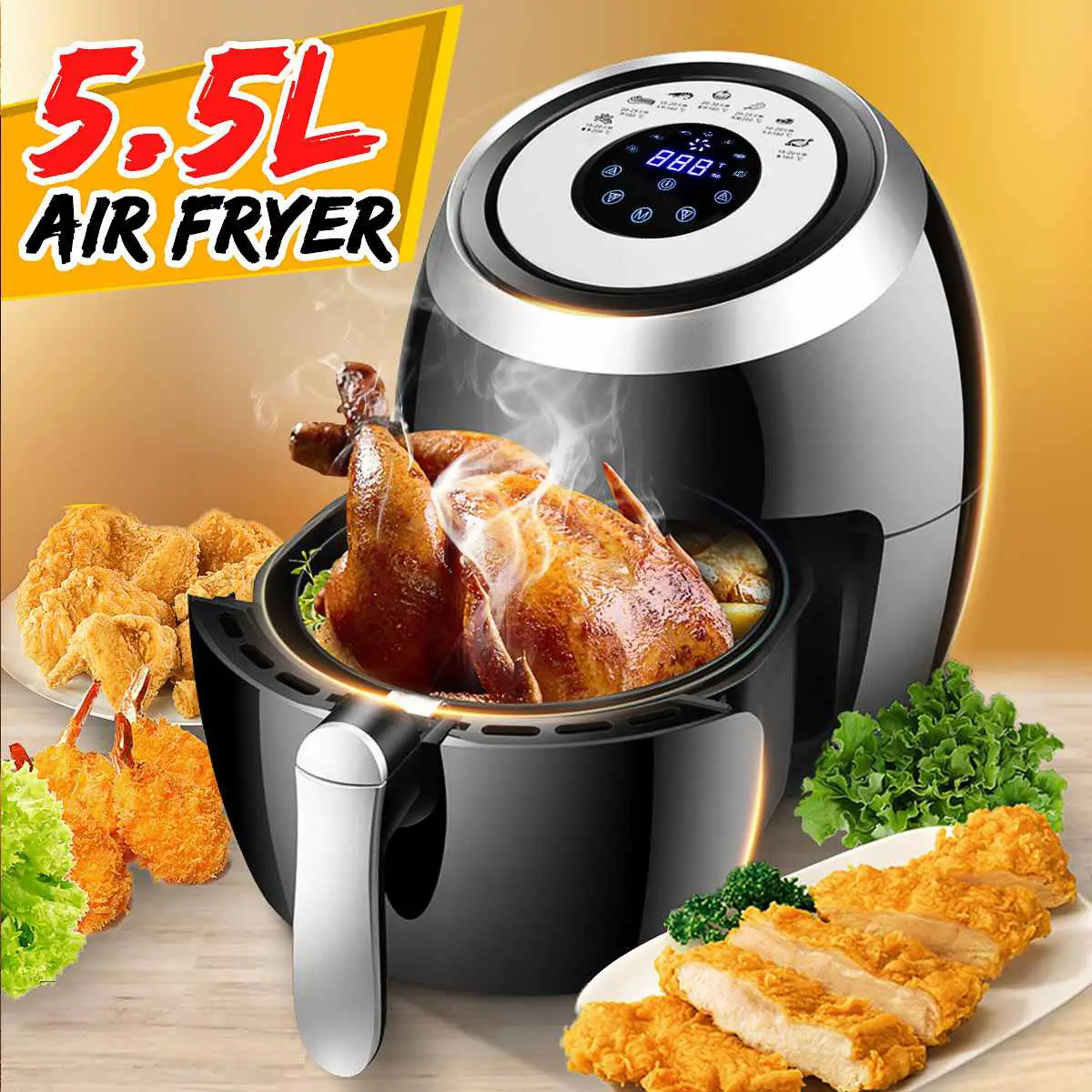 5.5L Electric Deep Air Fryer Multi function Pan With Basket Health Chip ...